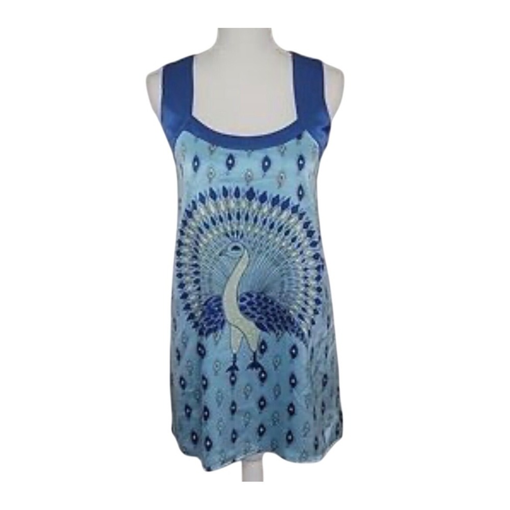 Voom by Joy Han‎ Blue Silk Peacock Print Mini Dress T-Back Sleeveless M